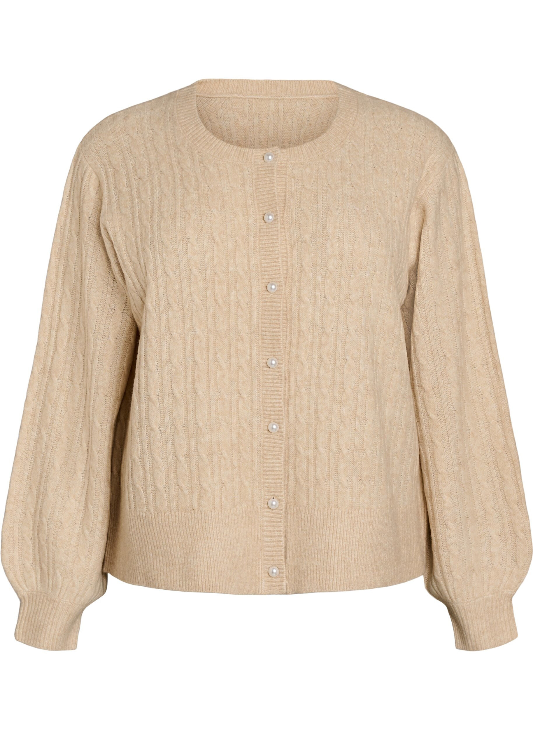 Kabelstrikket cardigan med perleknapper