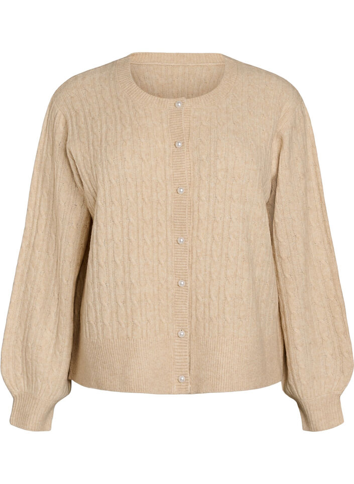 Kabelstrikket cardigan med perleknapper, Beige, Packshot image number 0