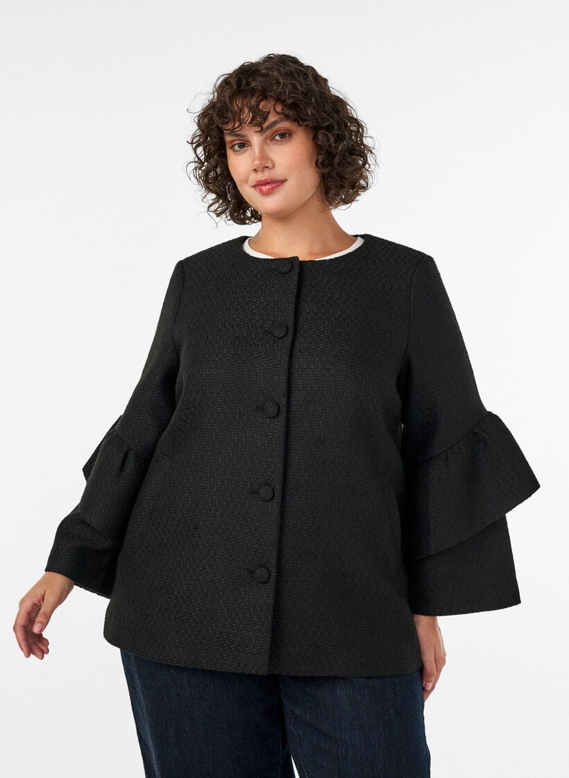 Boucl&eacute; jakke med rysjedetaljer, Svart, Model image number 3