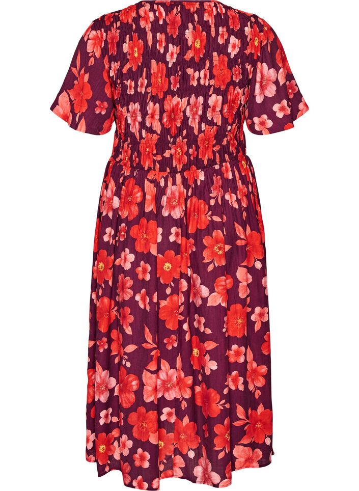 Kjole med smocking og blomstertrykk, Lilla, Packshot