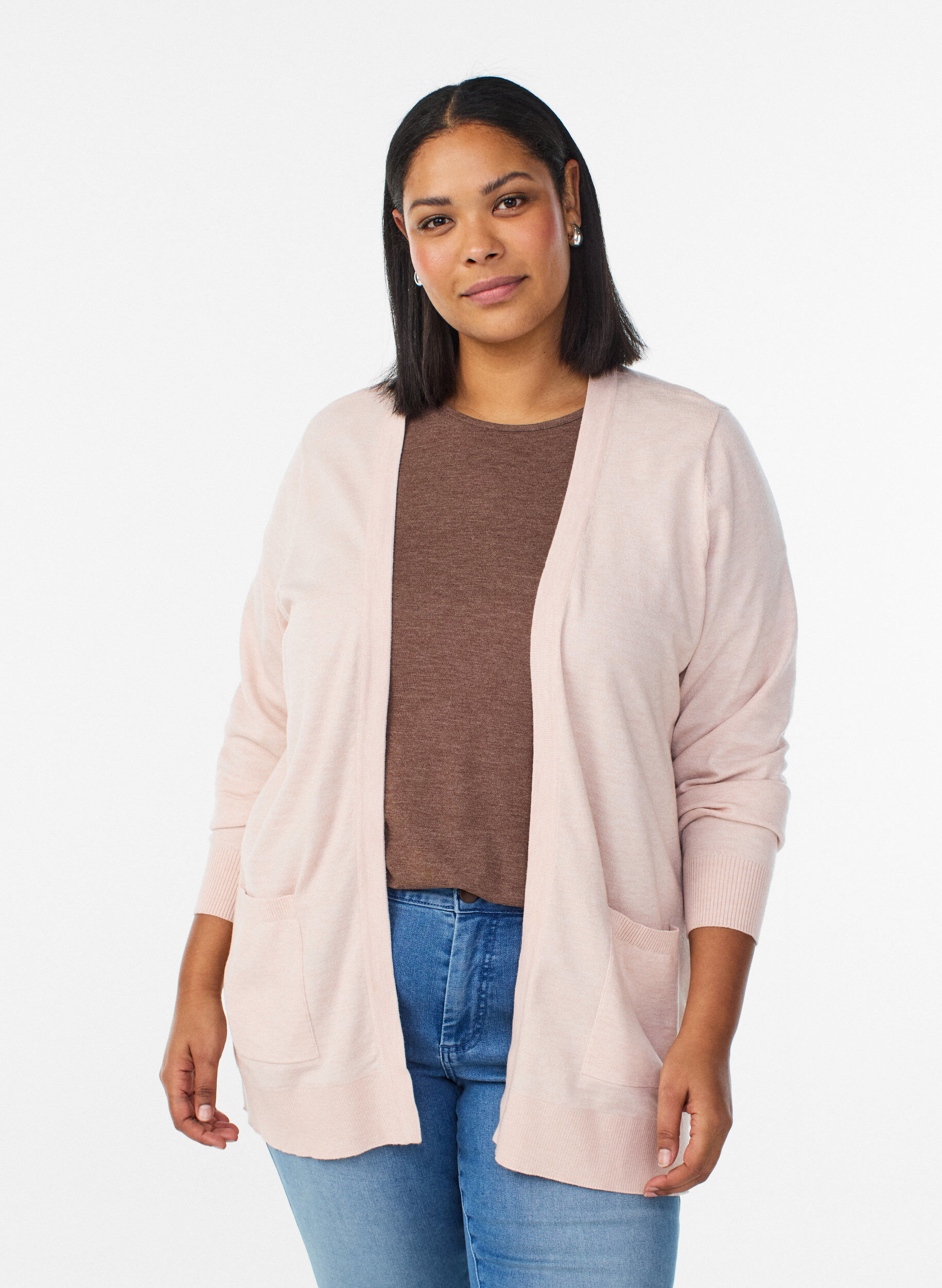 Lang &aring;pen strikket cardigan med lommer, Rosa, Model