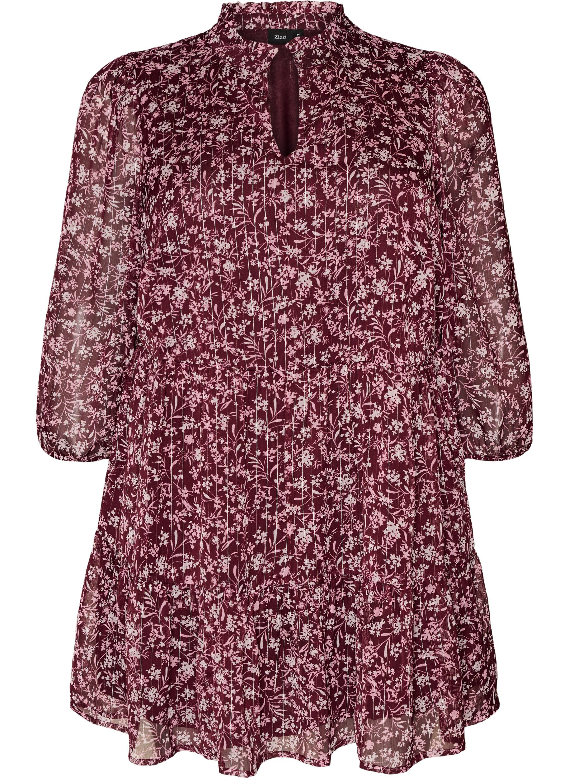 ZizziTunika med blomsterm&oslash;nster og glittertr&aring;der, R&oslash;d, Packshot image number 0