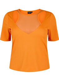 Tettsittende bluse med V-hals og nettingdetaljer, Vibrant Orange
