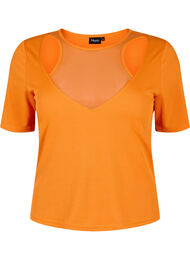 Tettsittende bluse med V-hals og nettingdetaljer, Vibrant Orange, Packshot