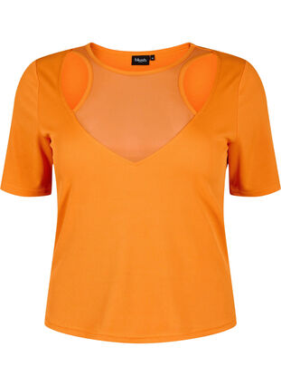 Tettsittende bluse med V-hals og nettingdetaljer, Vibrant Orange, Packshot image number 0