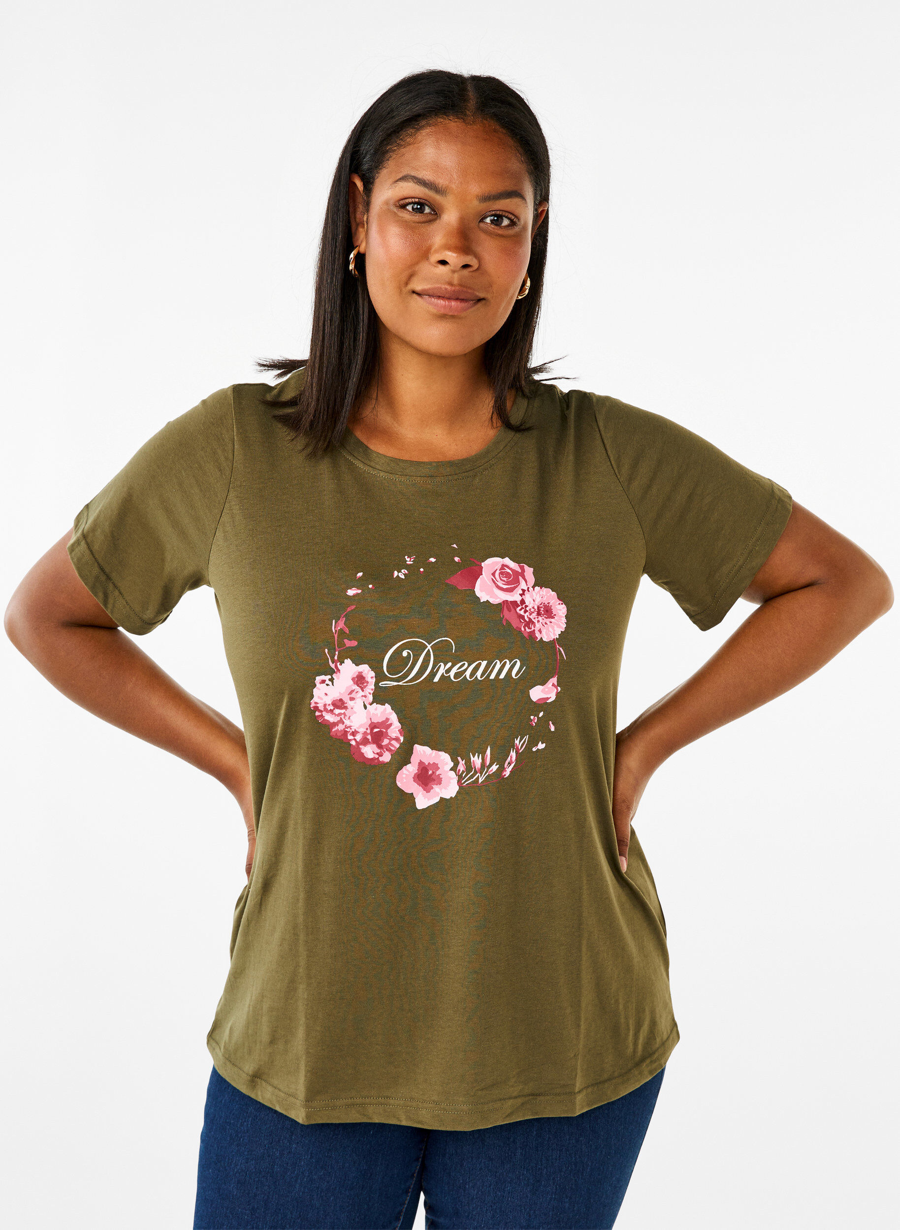 Zizzi FLASH - T-skjorte med motiv, Olive Night Flower, Model image number 0