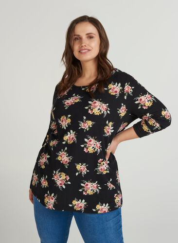 Langermet bluse med blomstermønster, BLACK W. ROSE AOP, Model image number 0