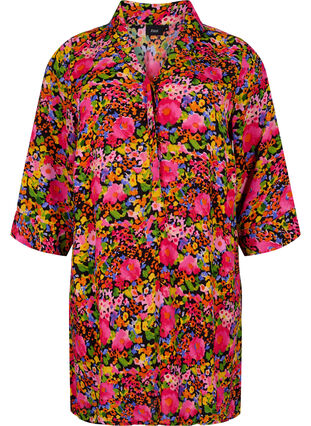 Blomstrete tunika i viskose med 3/4-ermer, Neon Flower Print, Packshot image number 0
