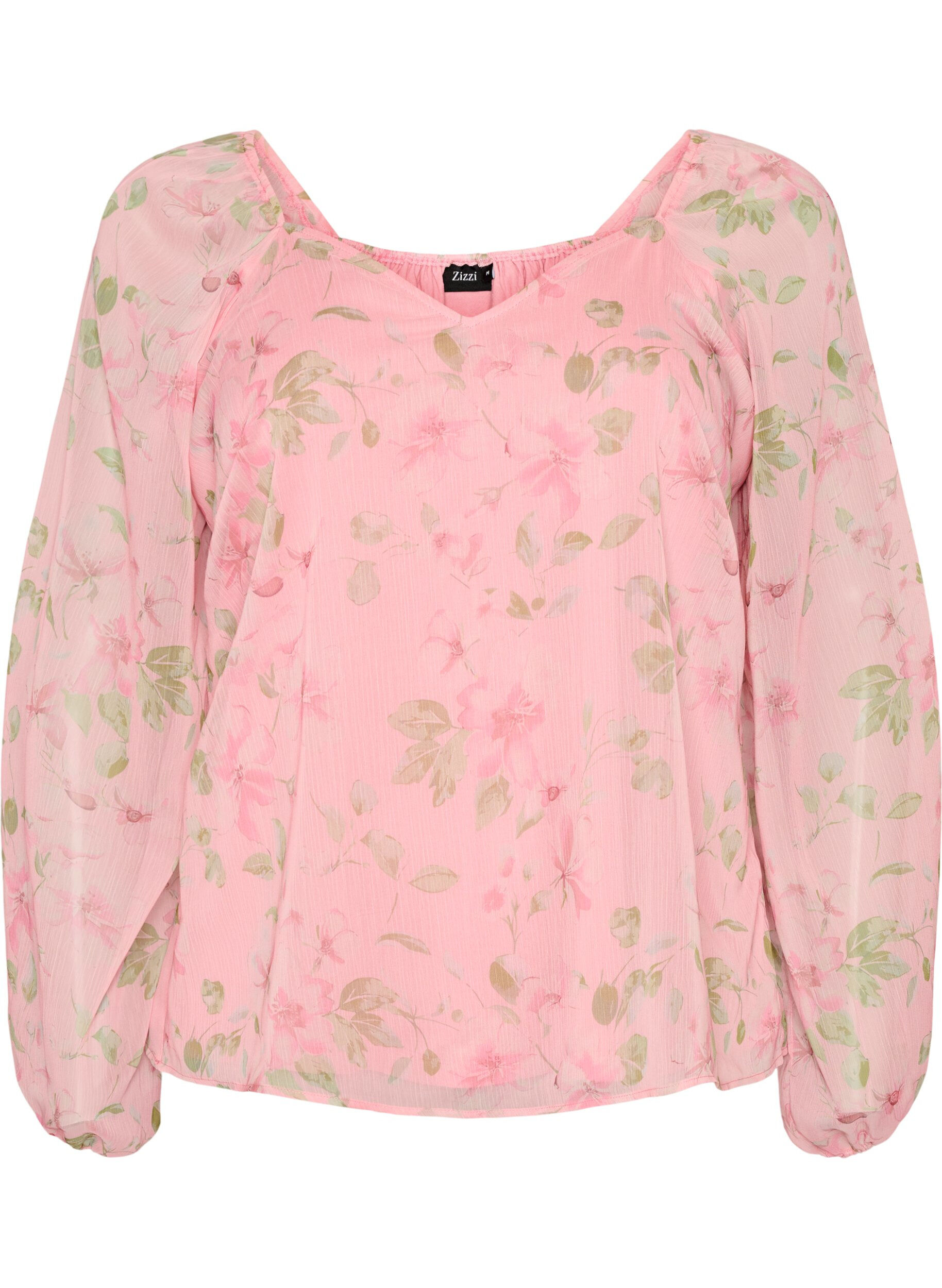 Chiffonbluse med blomstertrykk og lange ermer