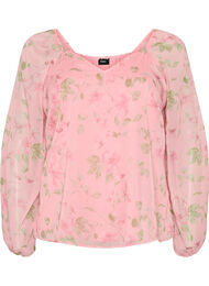 Chiffonbluse med blomstertrykk og lange ermer, Rosa