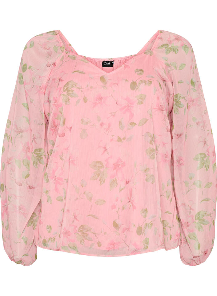 Chiffonbluse med blomstertrykk og lange ermer, Rosa, Packshot image number 0