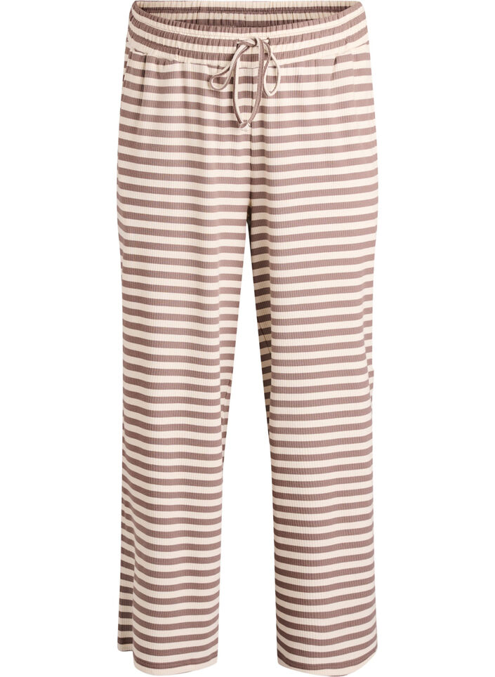 Stripete pyjamasbukser med h&oslash;y midje og vide ben, Beige, Packshot image number 0