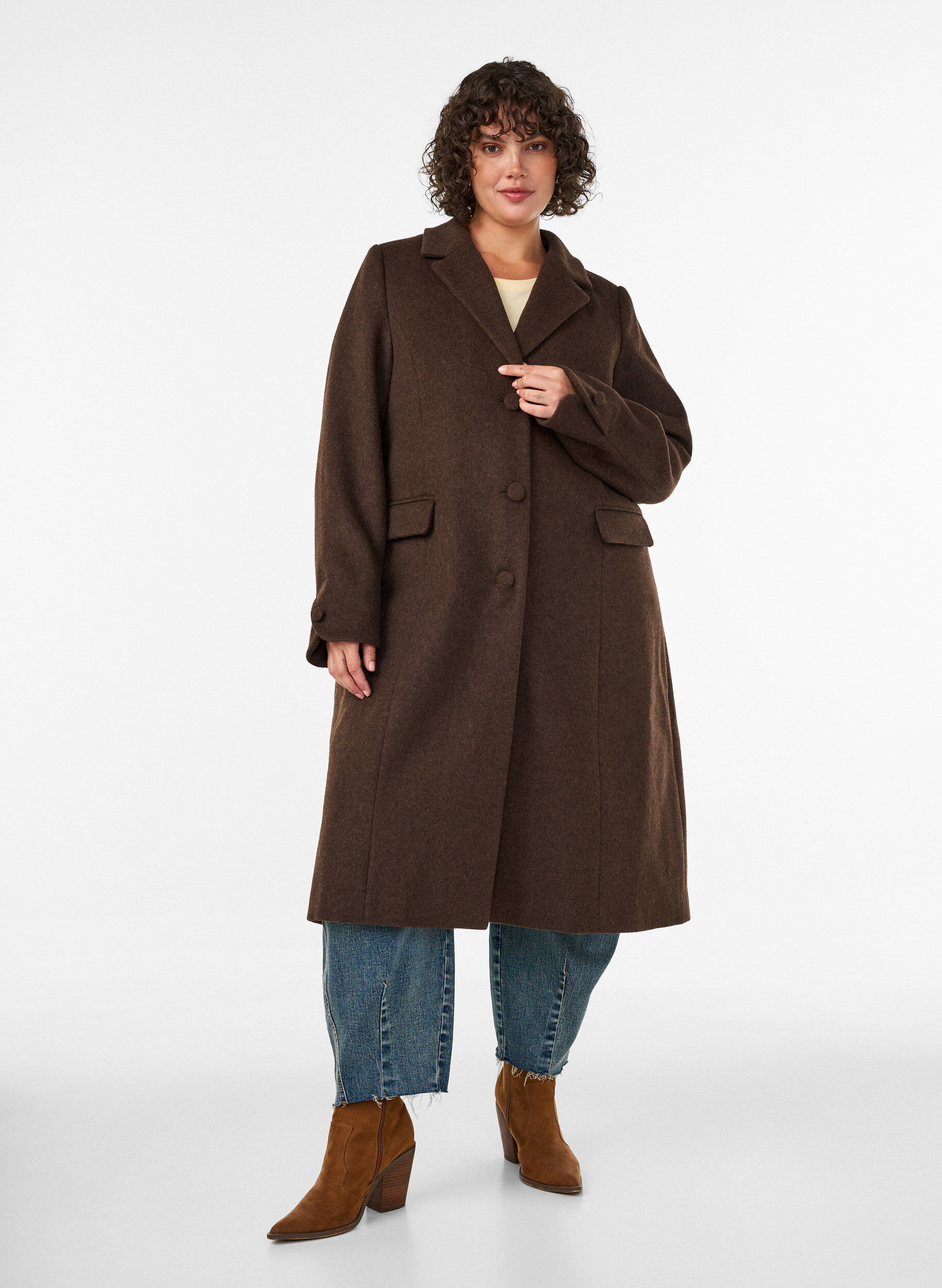 ZizziUllblandet k&aring;pe med slag og knapper, Brun, Model image number 1