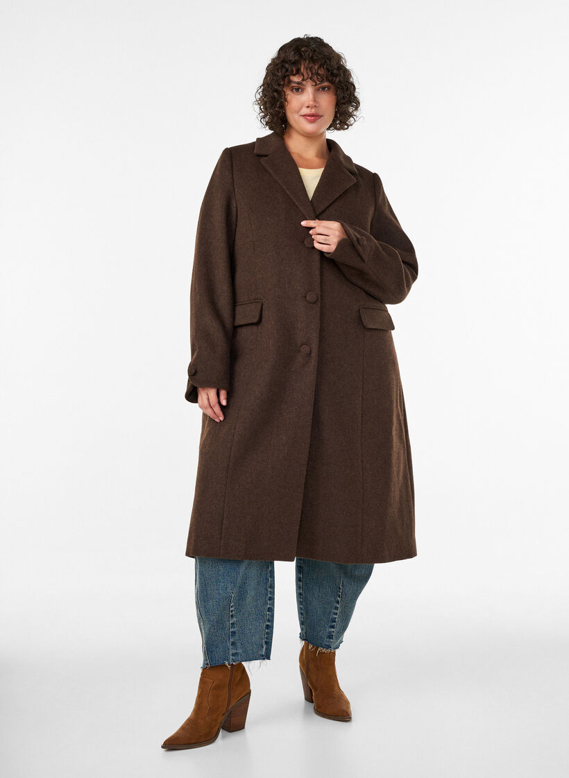 Ullblandet k&aring;pe med slag og knapper, Brun, Model image number 1