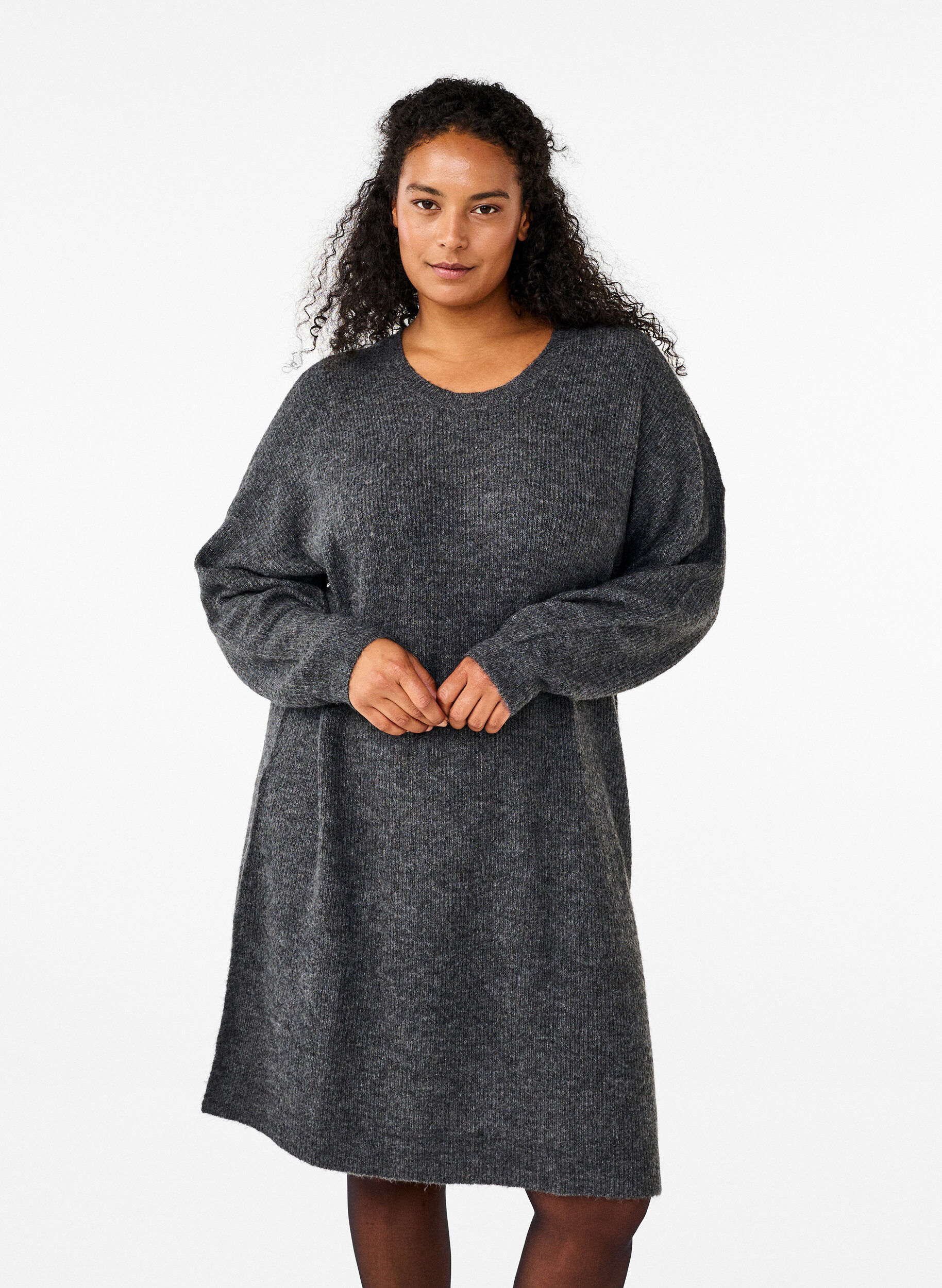 Zizzi Ribbestrikket kjole med lange ermer, Dark Grey Black Mel., Model image number 0