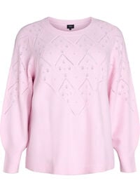 Strikket topp med hullmønster og ballongermer, Rosa Strikket topp med hullmønster og ballongermer