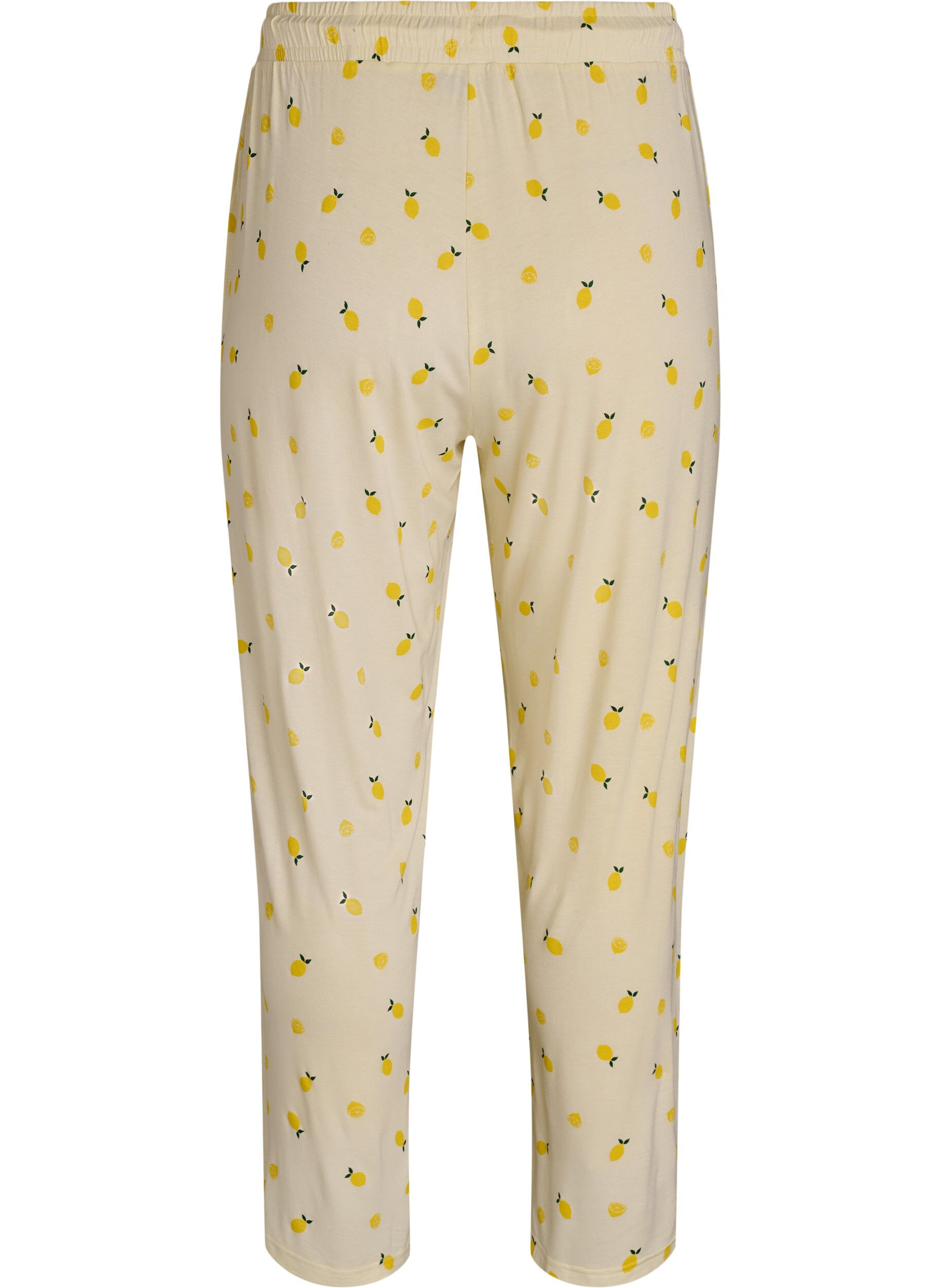 Zizzi Pyjamasbukse i mykt jerseystoff med h&oslash;y midje og frukttrykk, Gul, Packshot image number 1