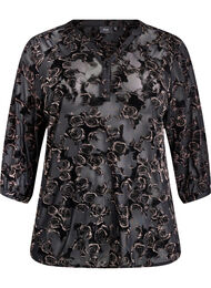 Mesh-bluse med velourroser og 3/4 ermer, Svart