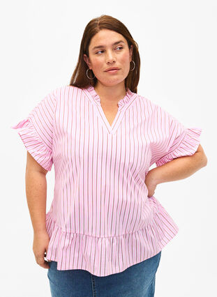 Stripete bluse med peplum og volangdetaljer, Pink Red Stripe, Model image number 0