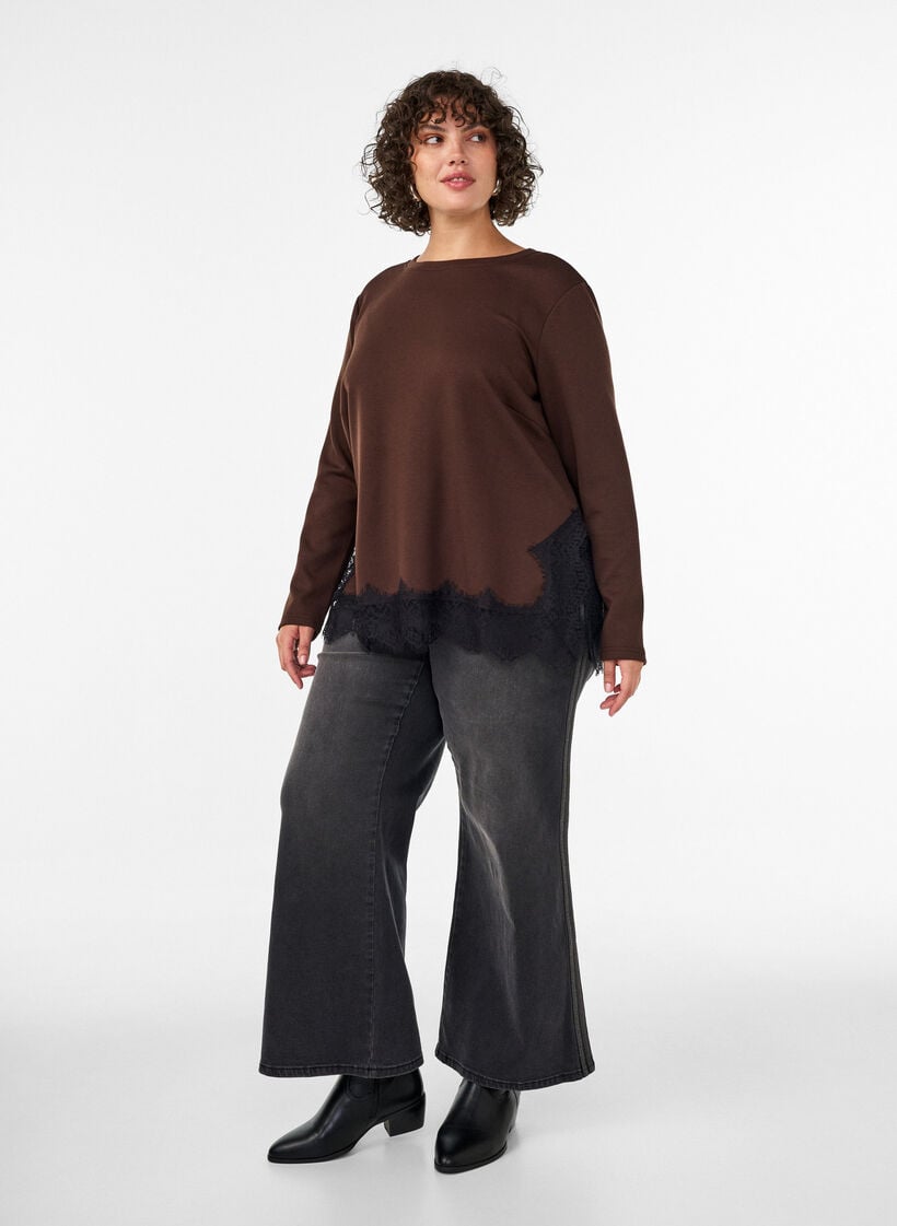Jerseybluse med blonderkant, Brun, Model image number 1
