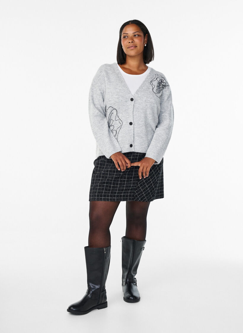 Cardigan med V-hals og broderte blomster, Grå, Model image number 1