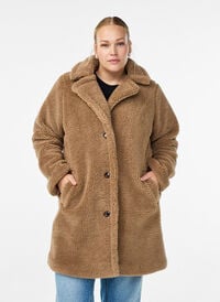 Myk teddyjakke med knapper og krage, Brun Myk teddyjakke med knapper og krage, Brun, Model