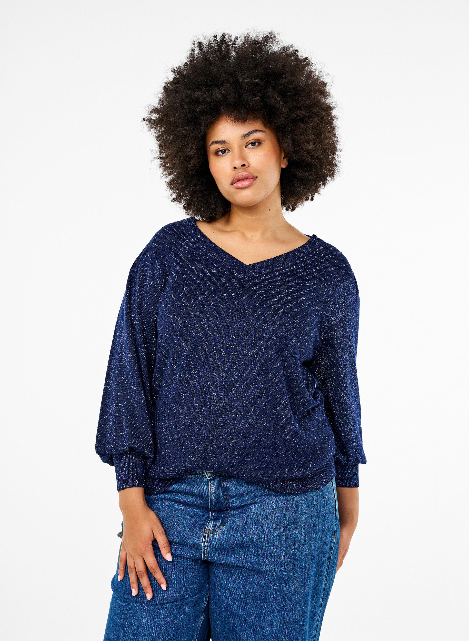 Zizzi Strikket bluse med shimmer og V-hals, Naval A.w.Blue Lurex, Model image number 0