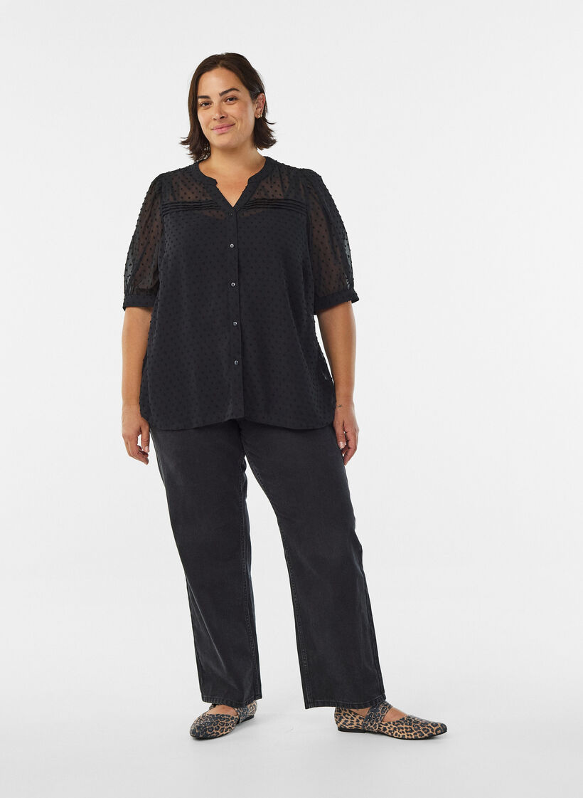 Kortermet skjortebluse med prikket tekstur, Svart, Model image number 1