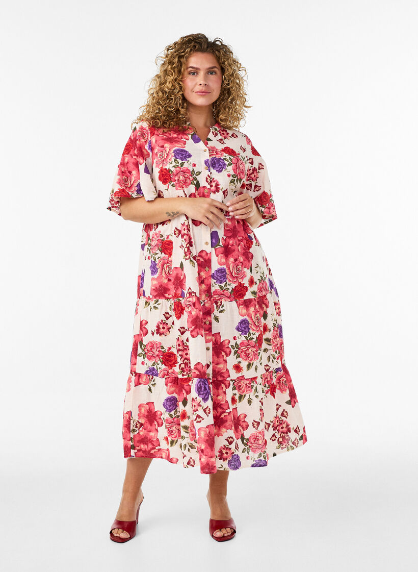 Bomullsmidikjole med blomsterprint, R&oslash;d, Model image number 0