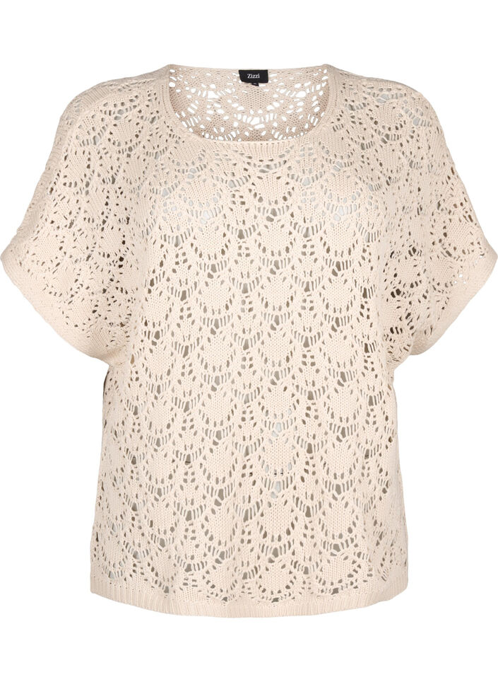 Strikket bluse med korte flaggermusermer, Sandshell, Packshot