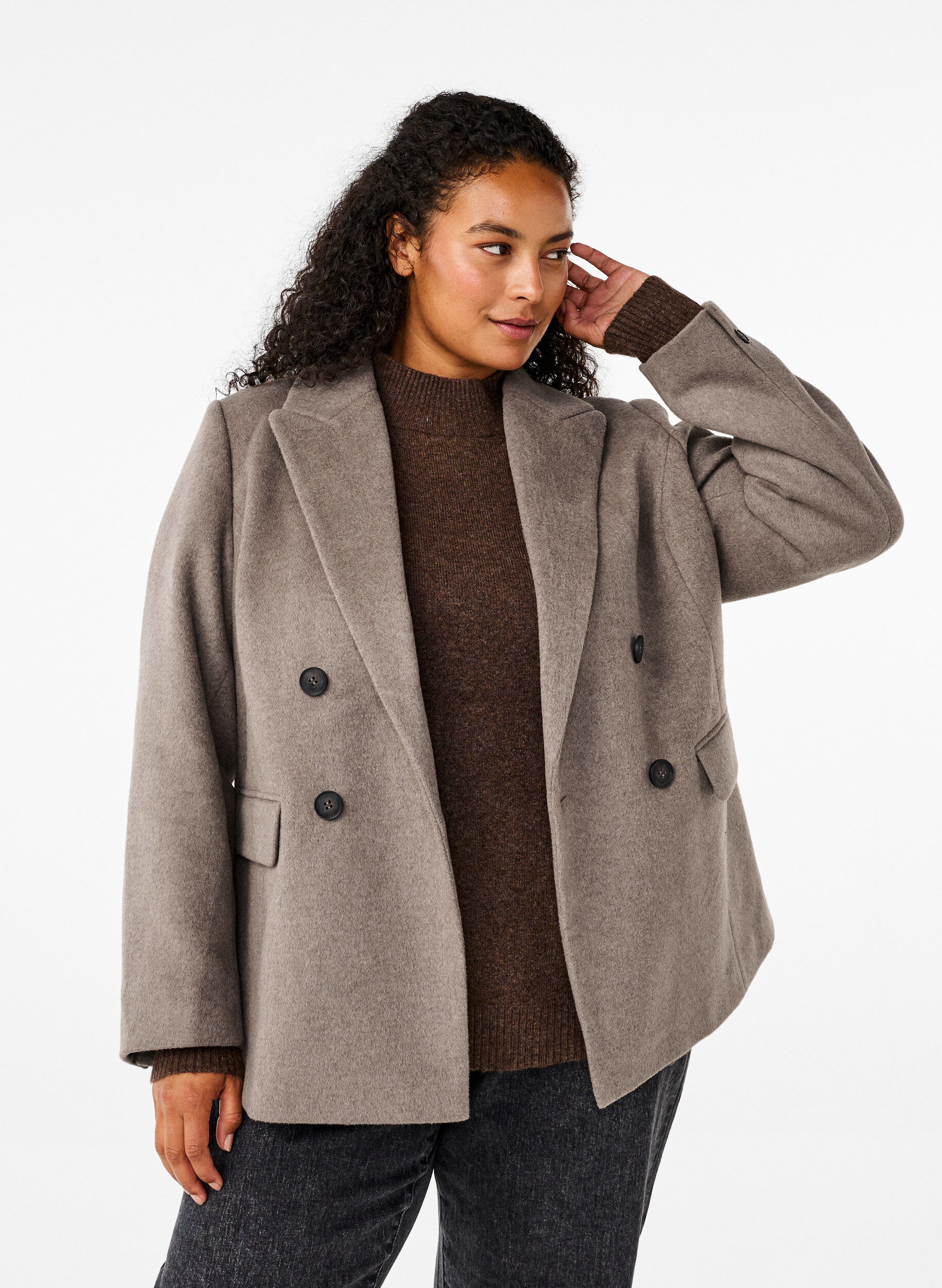 Zizzi Blazer i ull med b&oslash;rstet tekstur, Gr&aring;, Model image number 0