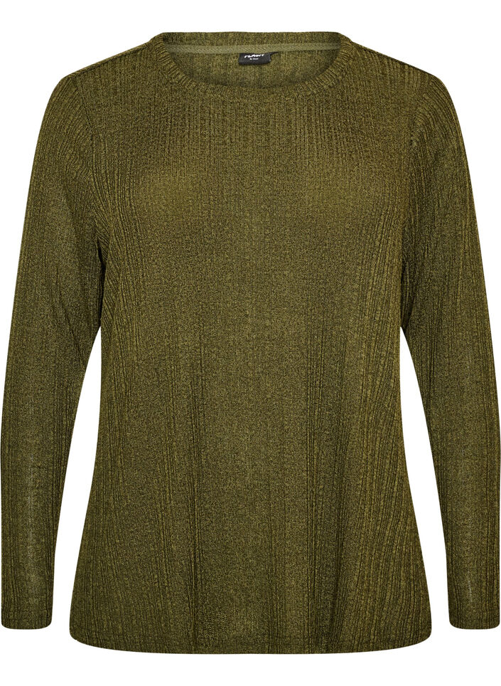 Jerseybluse med ribbestruktur og lange ermer, Gr&oslash;nn, Packshot image number 0