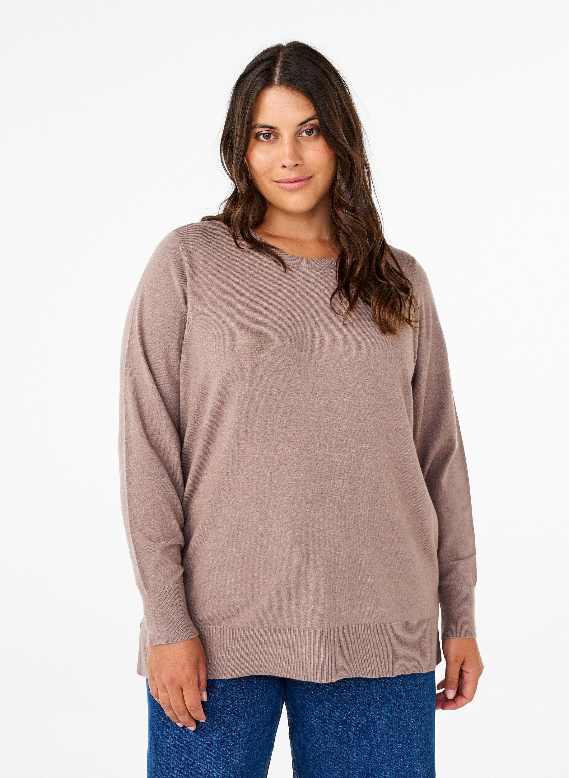 Zizzi Langermet strikket bluse med splitt, Gr&aring;, Model image number 0