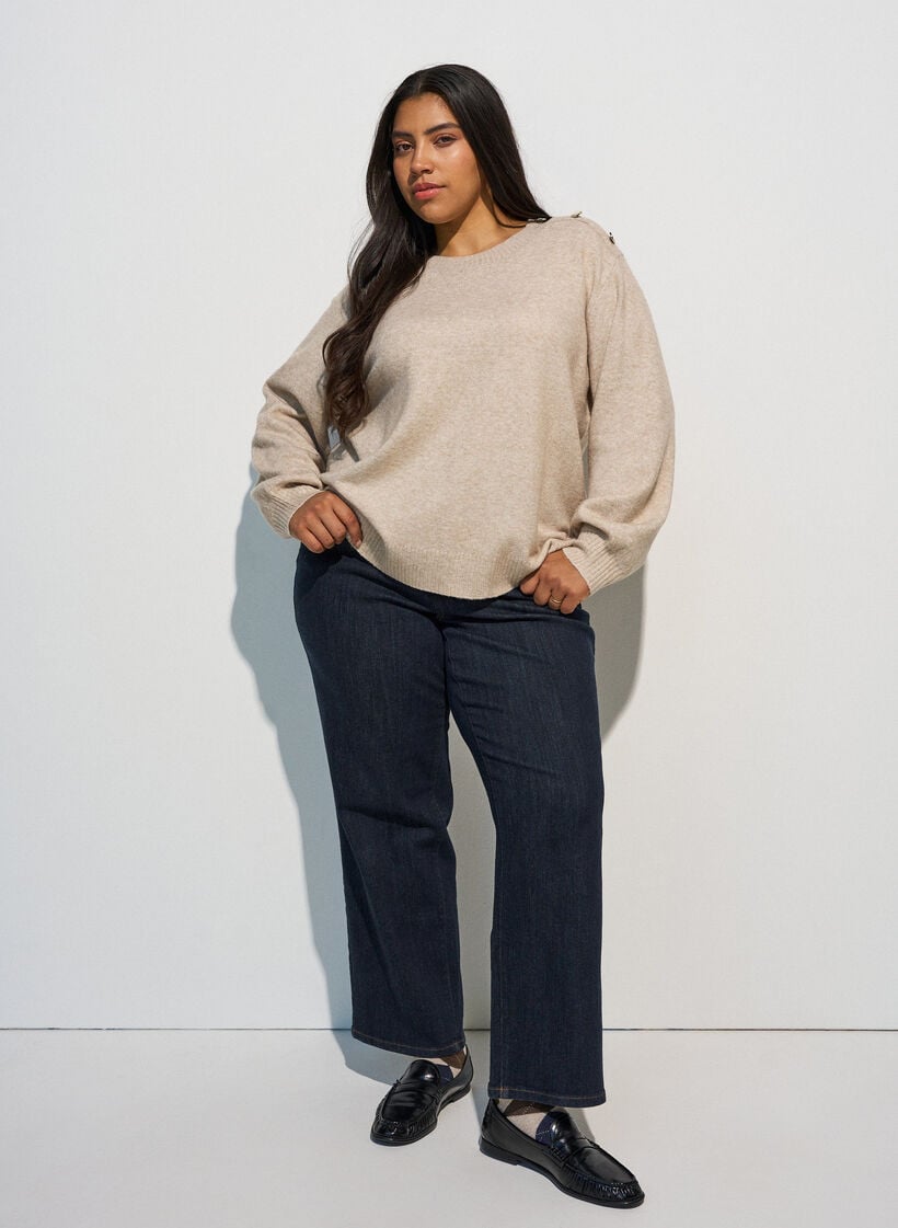 Strikket bluse med knappdetalj, Beige, Model image number 1