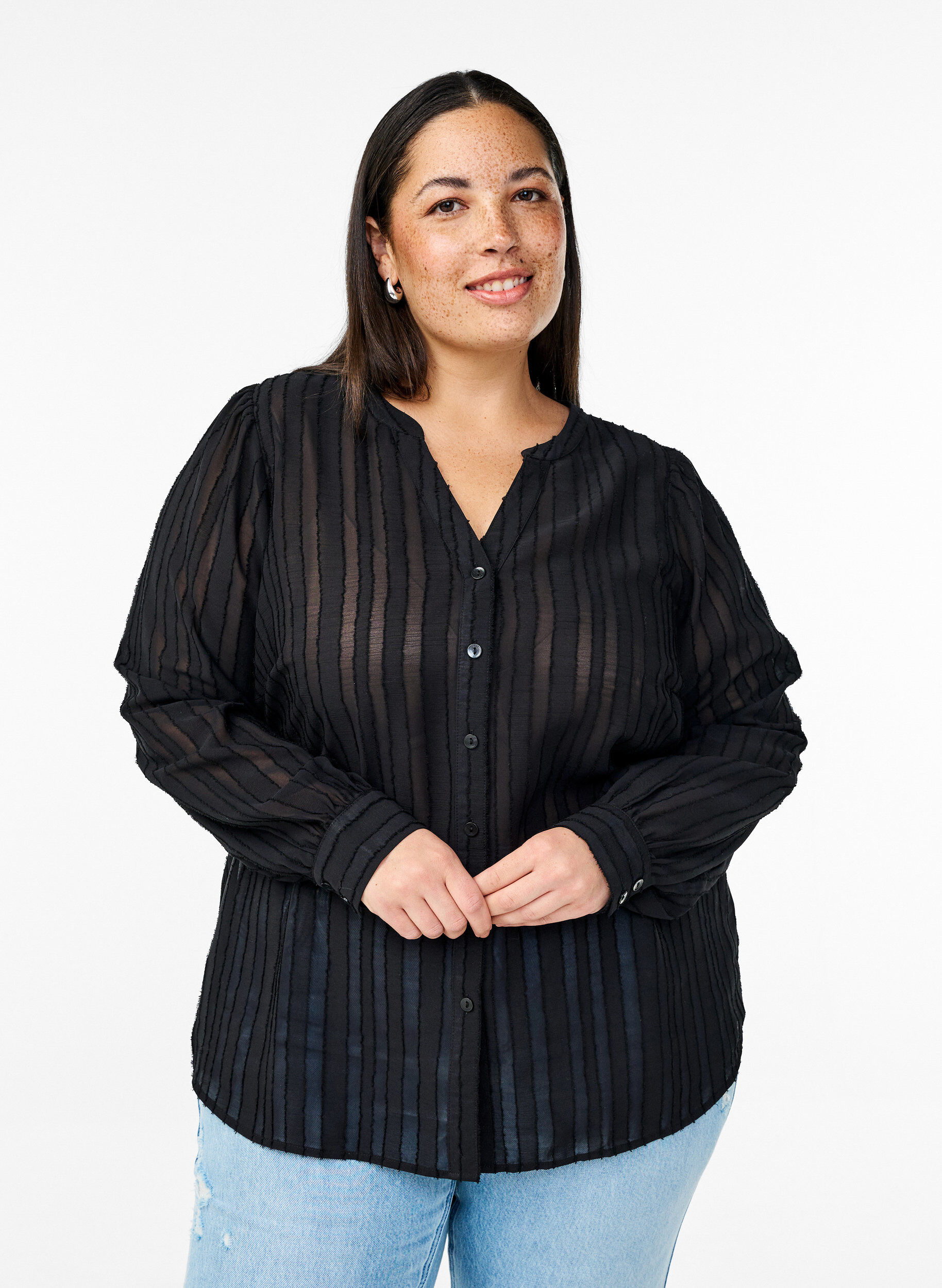 Zizzi Stripete skjortebluse med gjennomsiktige striper, Svart, Model image number 0