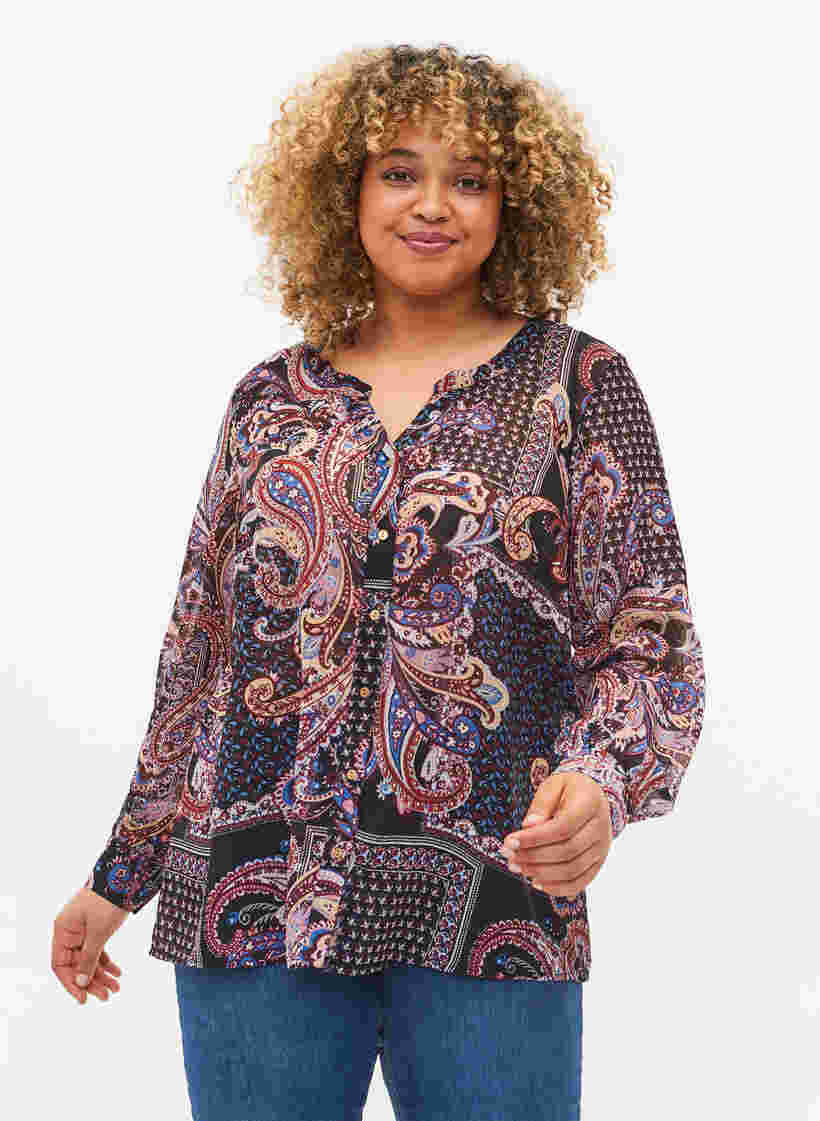 Skjorte med V-hals og mønster, Black/Brown Paisley, Model image number 0