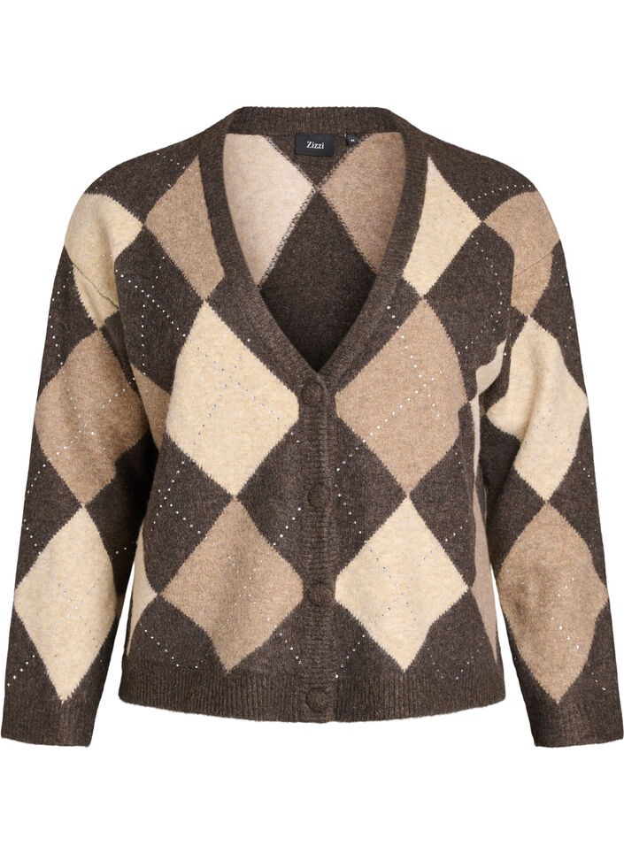 Argyle cardigan med rhinesteiner, Brun, Packshot image number 0