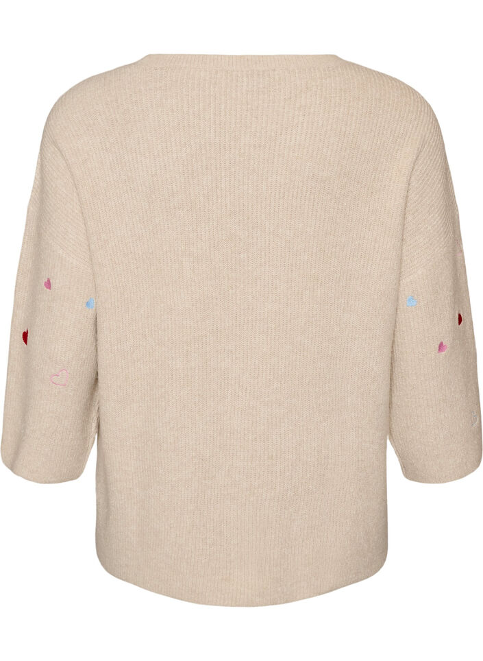 Strikket bluse med hjerter og 3/4-ermer, Beige, Packshot image number 1