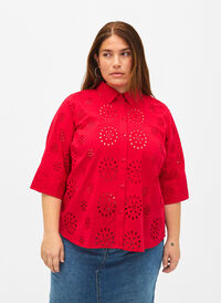 Skjortebluse med engelsk broderi og 3/4-ermer, Tango Red, Model