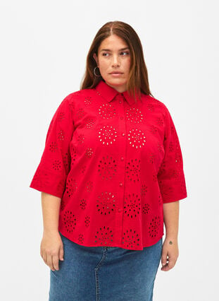 Skjortebluse med engelsk broderi og 3/4-ermer, Tango Red, Model image number 0