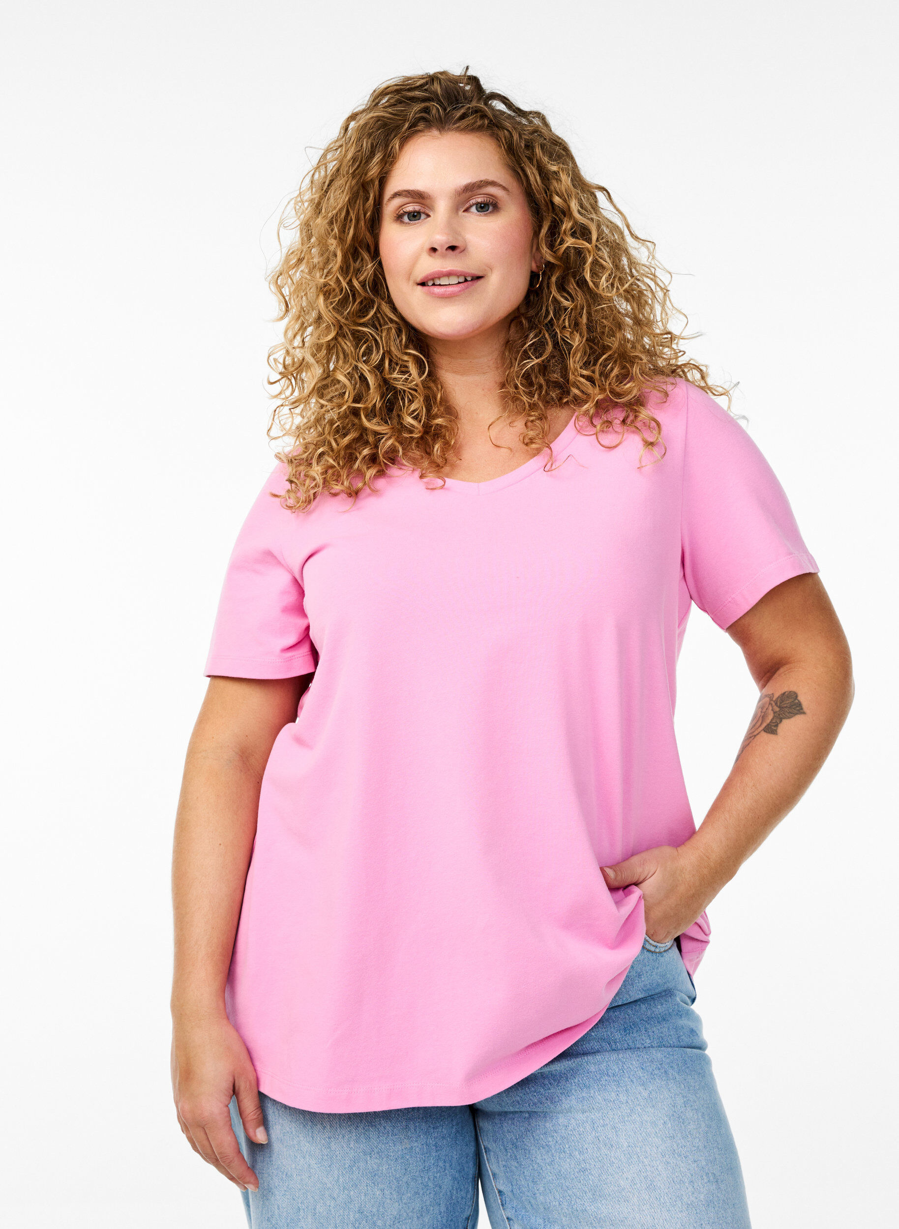 ZizziBasis enkel bomulls t-skjorte, Rosa, Model image number 0