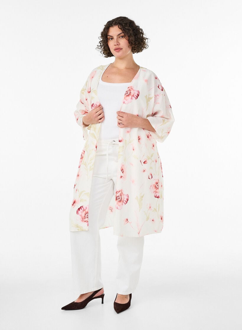Kimono i viskose med 3/4 ermer, Rosa, Model image number 1