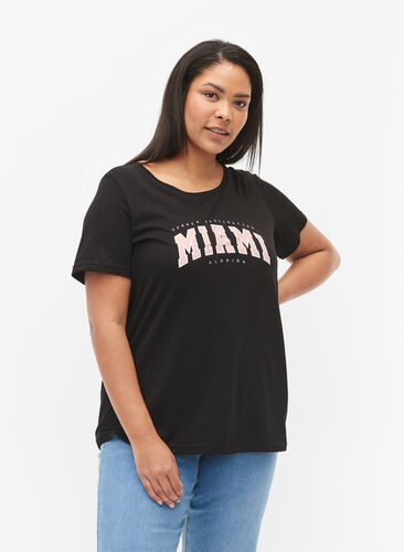 T-skjorte i bomull med mønsterdetalj, Black MIAMI, Model image number 0
