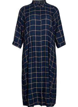 Zizzi Lang rutete skjortekjole, Blue Beige Check, Packshot image number 0