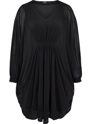 Langermet kjole med V-hals og smock, Black, Packshot image number 0