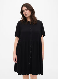 A-linjeformet kjole i viskose med korte ermer, Black, Model