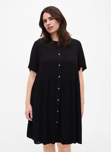 A-linjeformet kjole i viskose med korte ermer, Black, Model image number 0