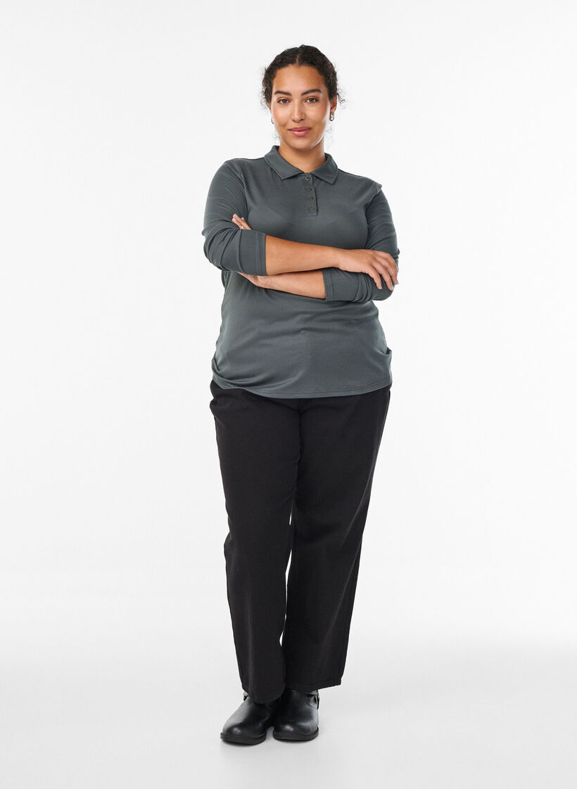 Poloskjorte i myk ribb med lange ermer, Grønn, Model image number 1