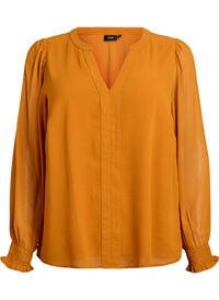 Bluse med gjennomsiktige ermer og smockdetaljer, Orange Bluse med gjennomsiktige ermer og smockdetaljer