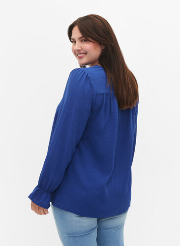 Bluse med V-hals og lange ermer, Mazarine Blue, Model image number 1
